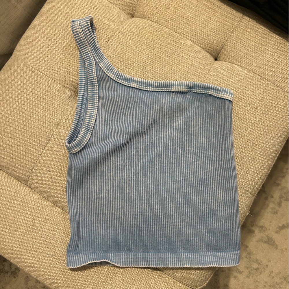 Blue One-Shoulder Ribbed Top
